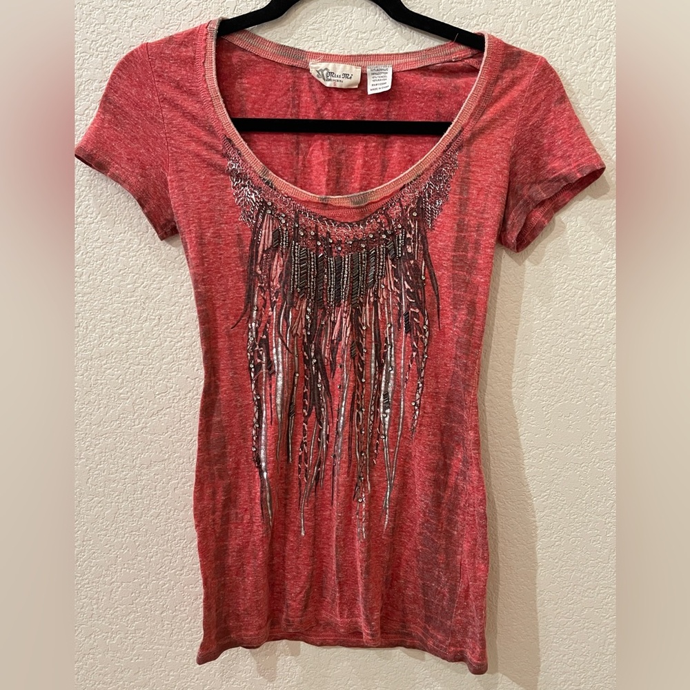 Miss Me Red Fringe Embellished Tee Size: Small